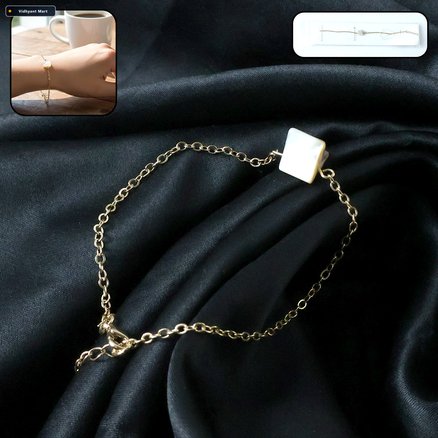 Vidhyant Mart Adjustable Chain Bracelet With Square Stone Charm 2