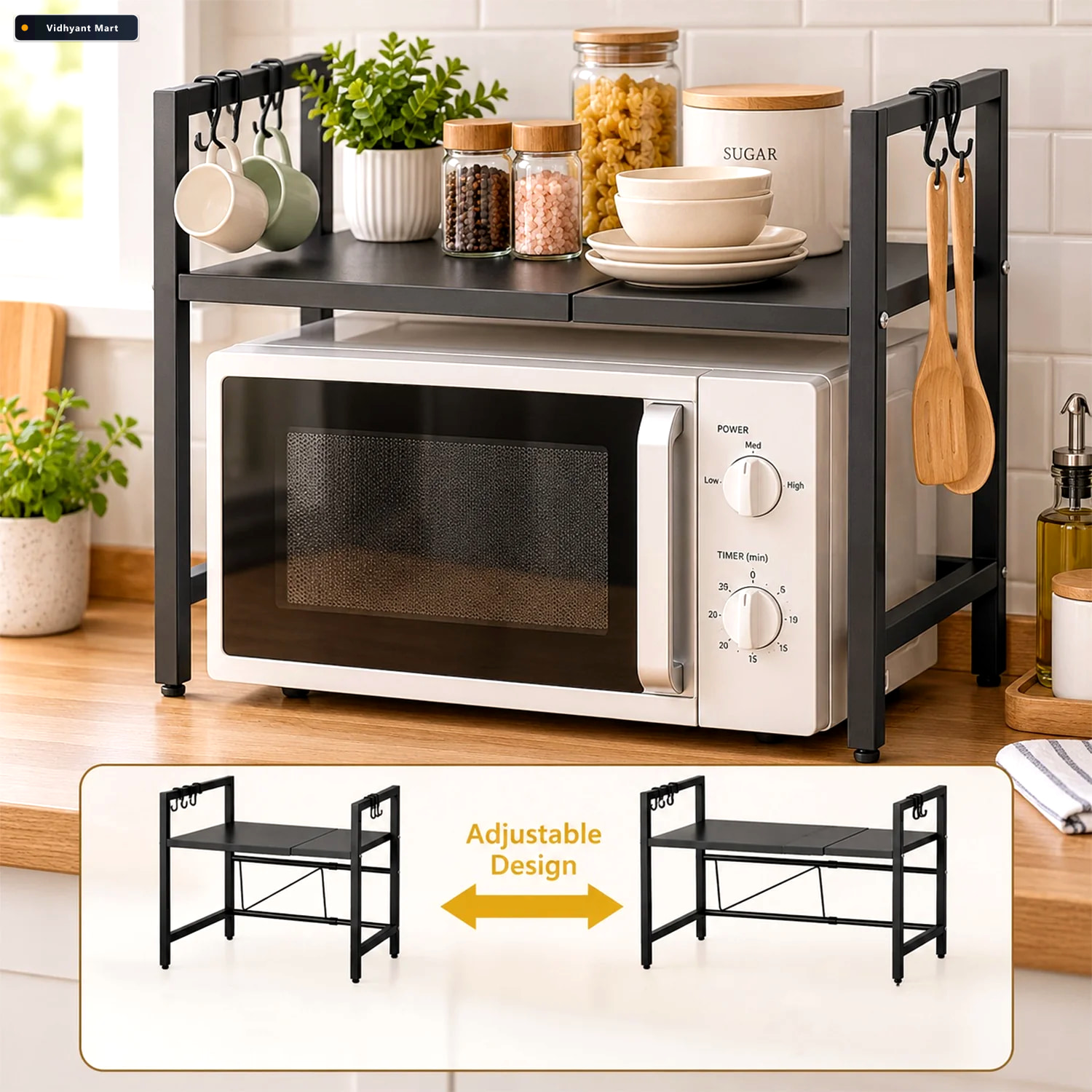 Vidhyant Mart Adjustable Microwave Oven Storage Rack With Hooks 1