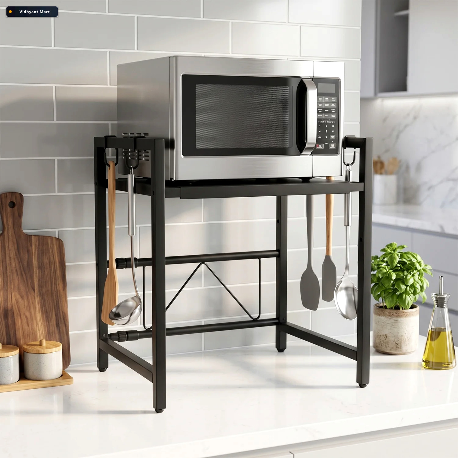 Vidhyant Mart Adjustable Microwave Oven Storage Rack With Hooks 2
