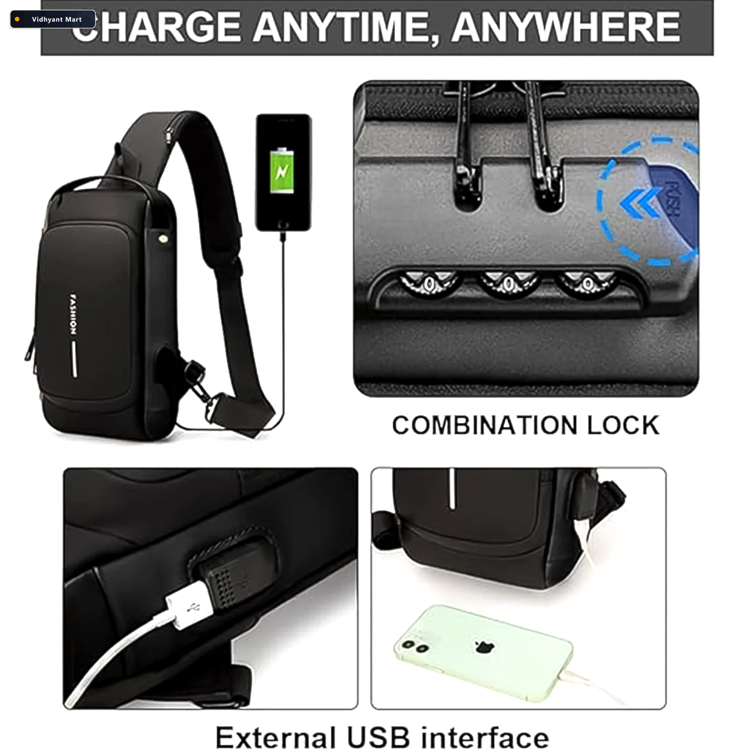 Vidhyant Mart Anti Theft Crossbody Sling Bag Secure Usb Charging 3