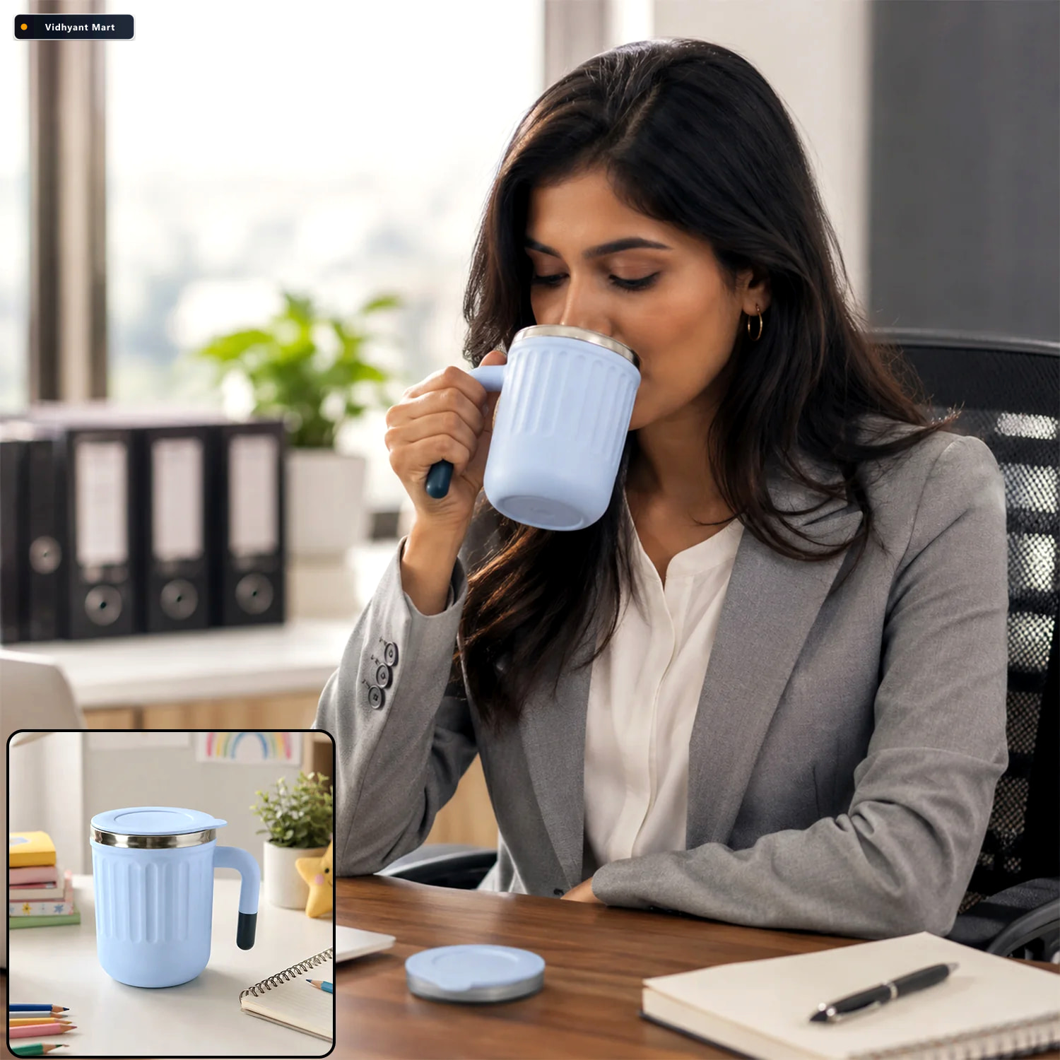 Vidhyant Mart Apex Office Mug 400 Ml With Handle And Lid Steel R 1