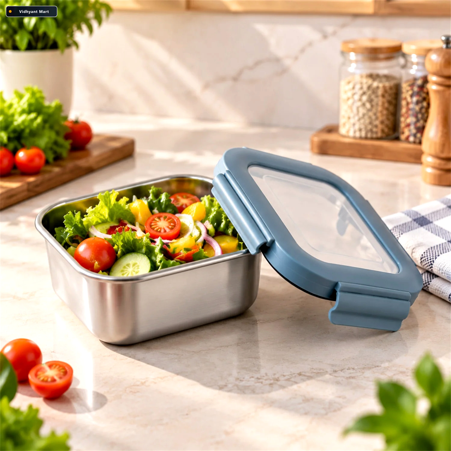 Vidhyant Mart Apex Square Steel Food Container 300 Ml With Clip 1