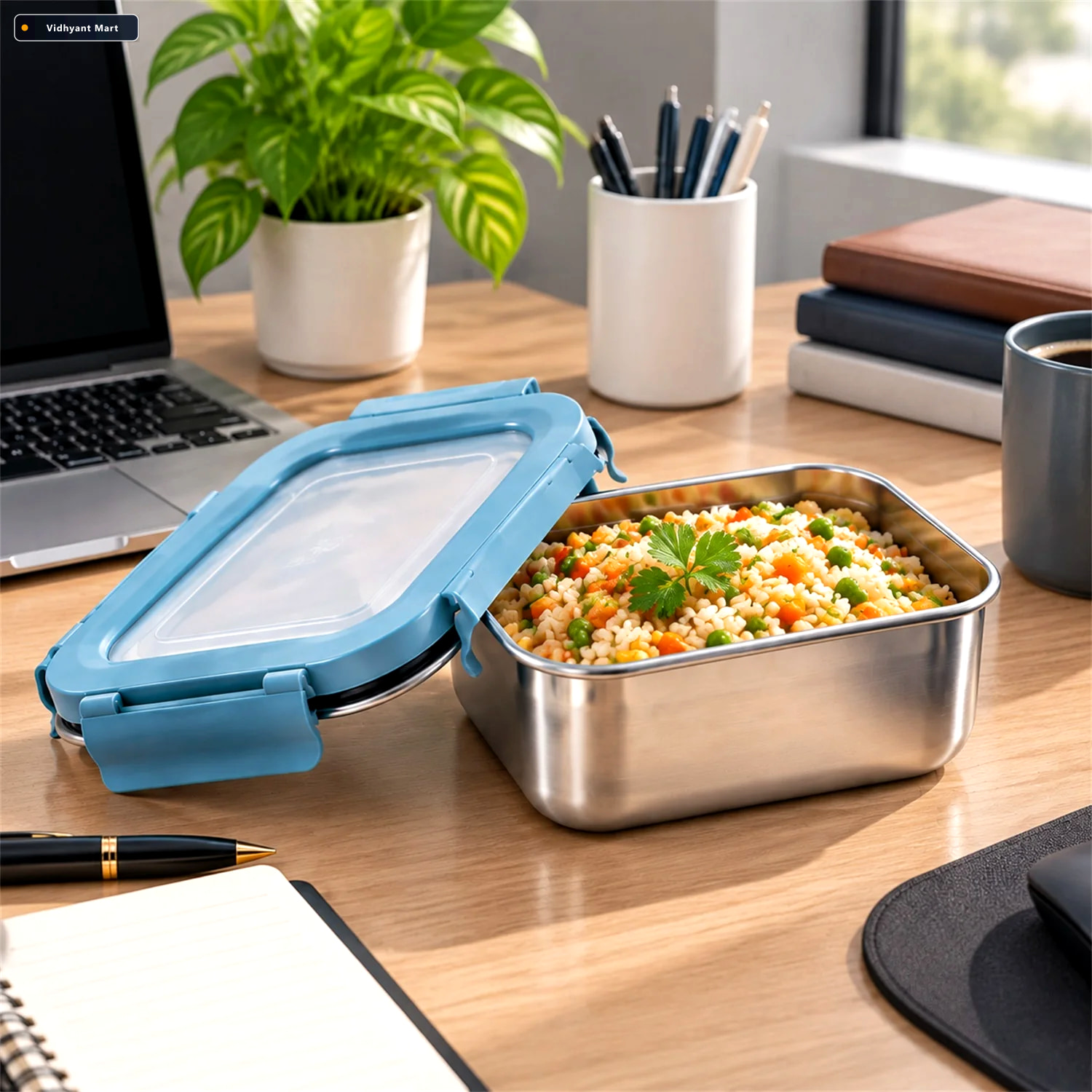 Vidhyant Mart Apex Square Steel Food Container 300 Ml With Clip 2