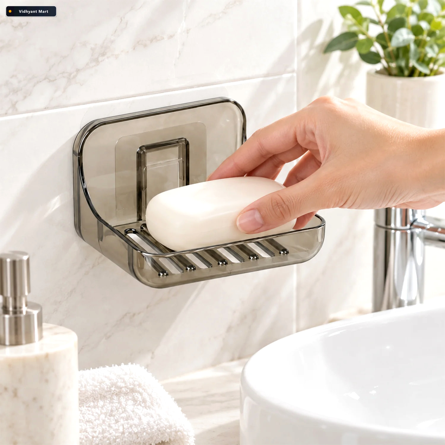 Vidhyant Mart Apex Wall Mounted Soap Holder With Drain Adhesive 2