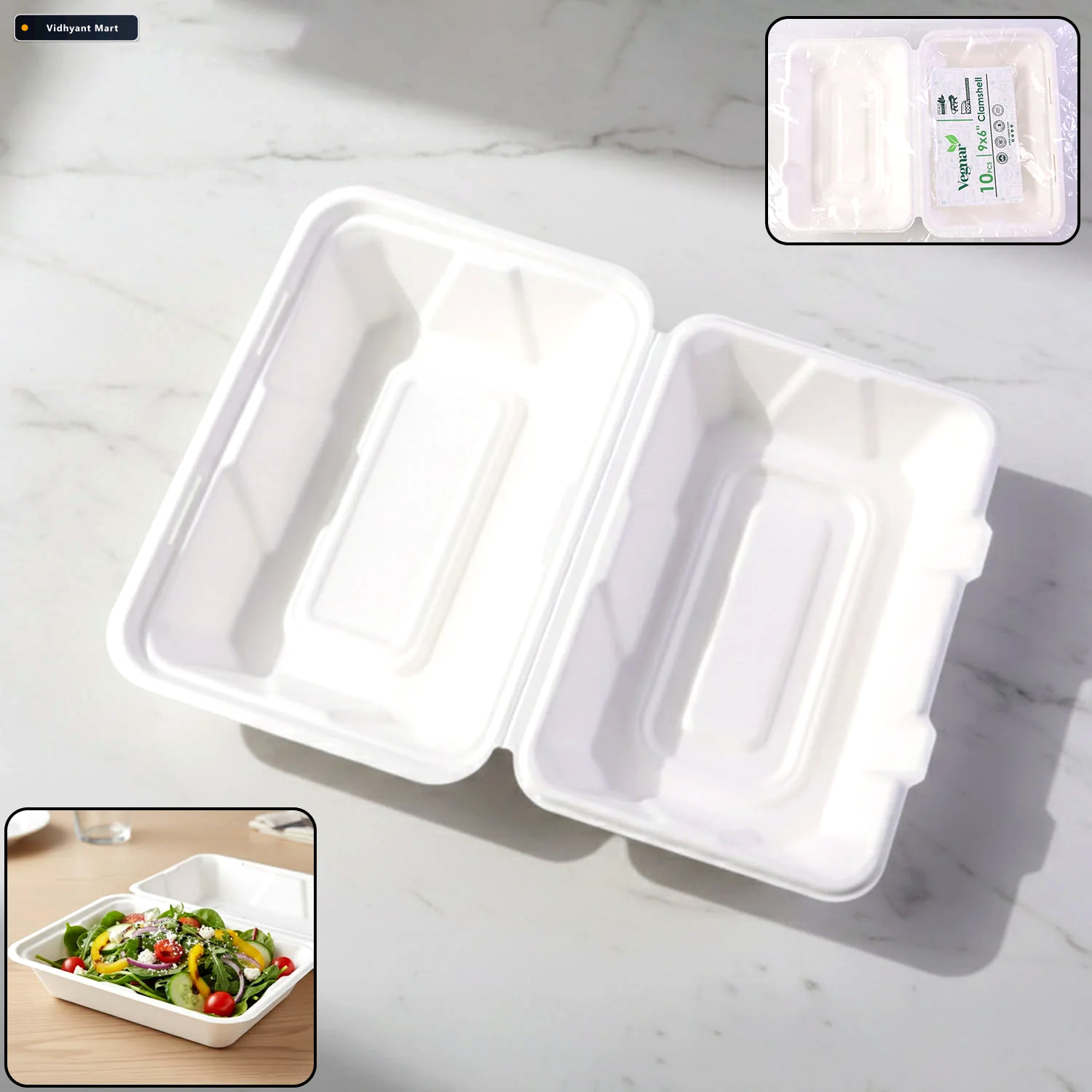 Vidhyant Mart Bagasse Clamshell Food Box Eco Friendly 9x6 Inch D 1
