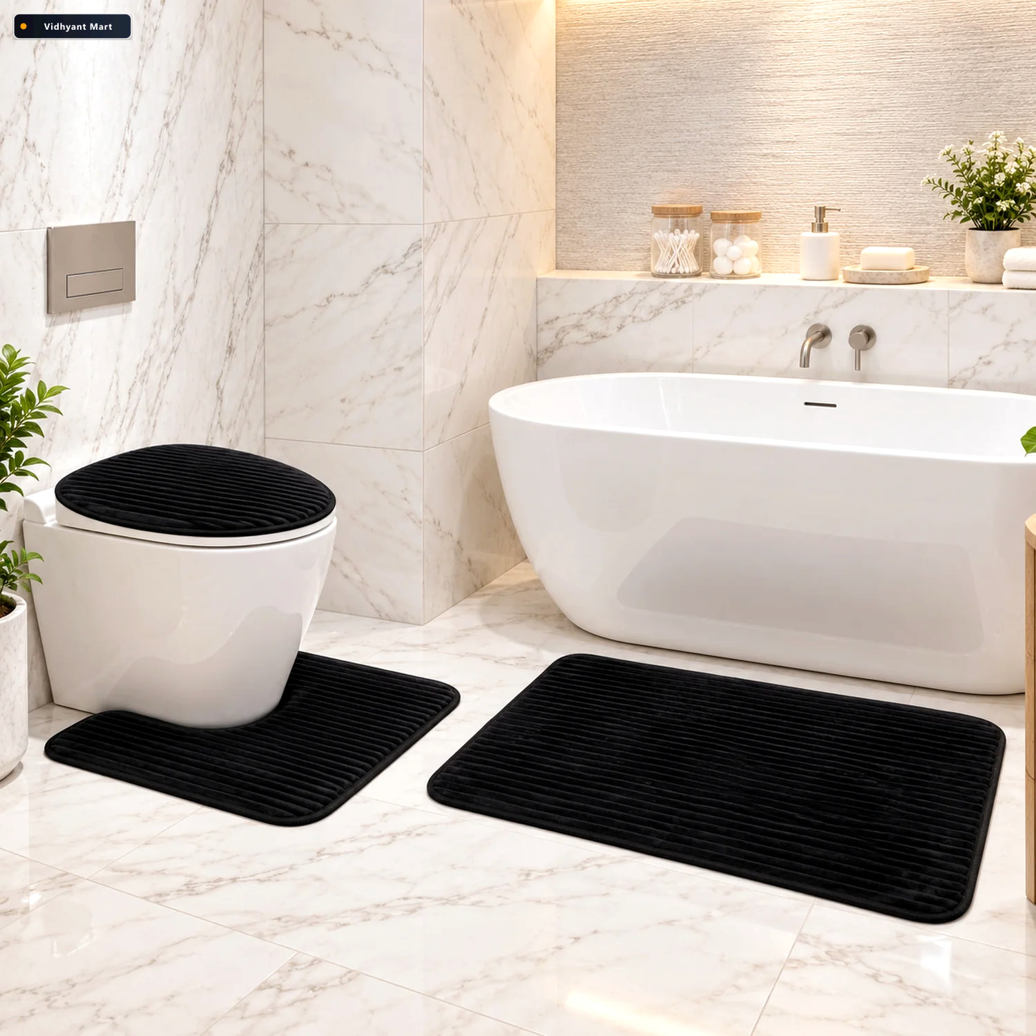 Vidhyant Mart Bathroom Mat Set With Toilet Contour Rug And Lid C 1