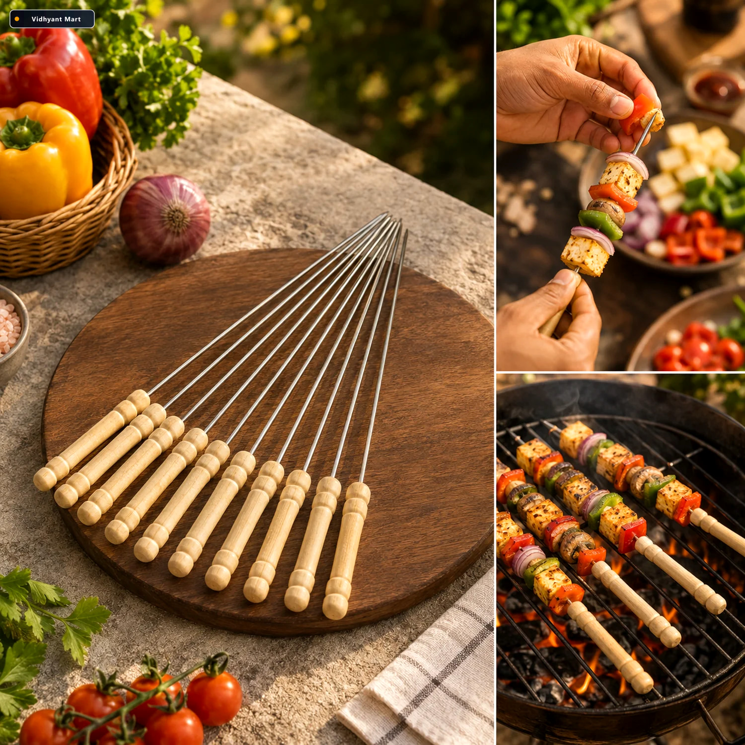 Vidhyant Mart Bbq Skewers Stainless Steel With Wooden Handles Se 1