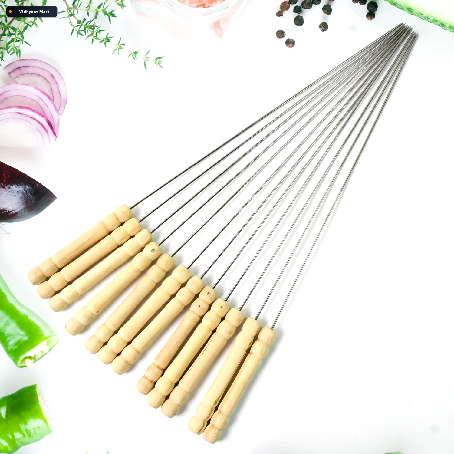 Vidhyant Mart Bbq Skewers Stainless Steel With Wooden Handles Se 2