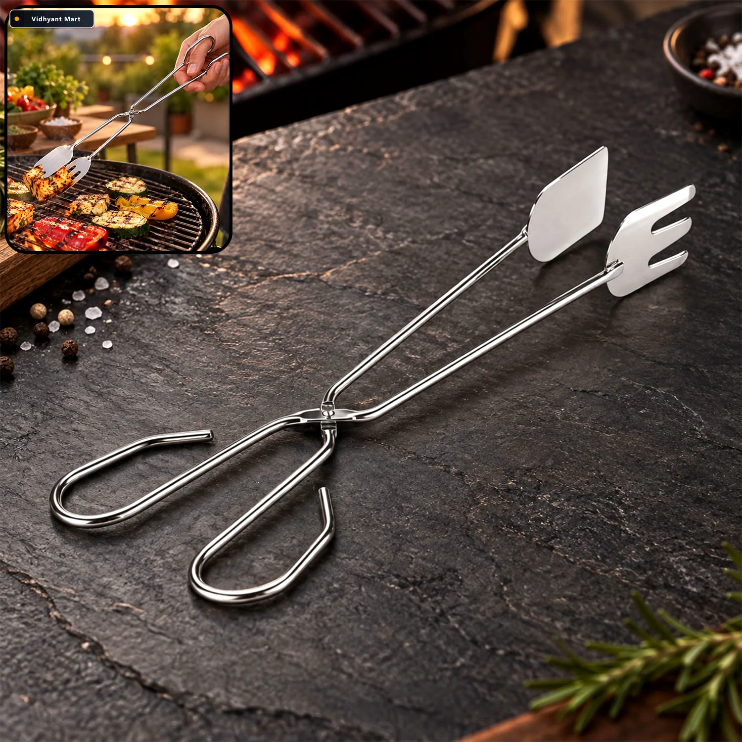 Vidhyant Mart Bbq Tongs 31cm Multi Functional Metal Quickslice 1
