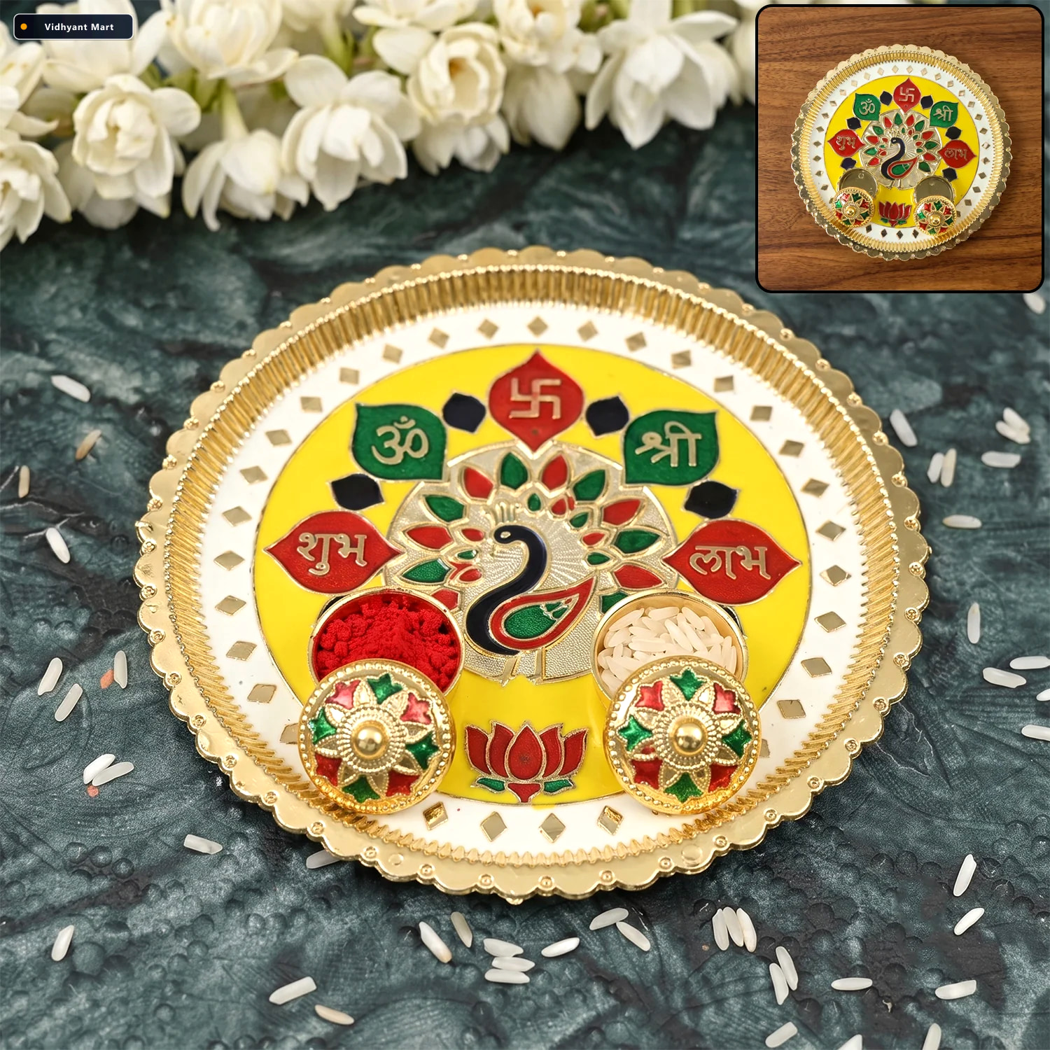 Vidhyant Mart Big Decorative Pooja Thali Golden Meenakari Puja P 1