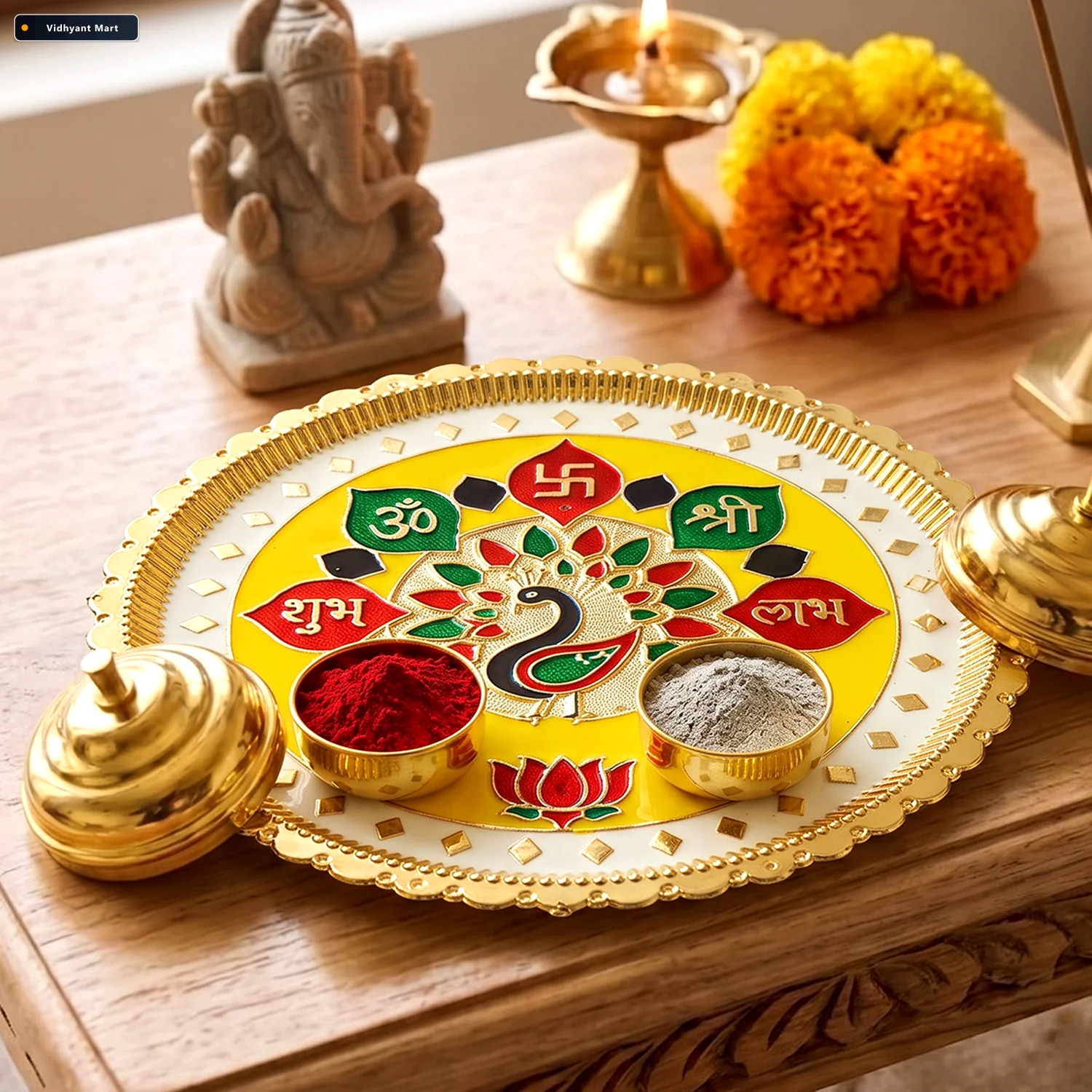 Vidhyant Mart Big Decorative Pooja Thali Golden Meenakari Puja P 2