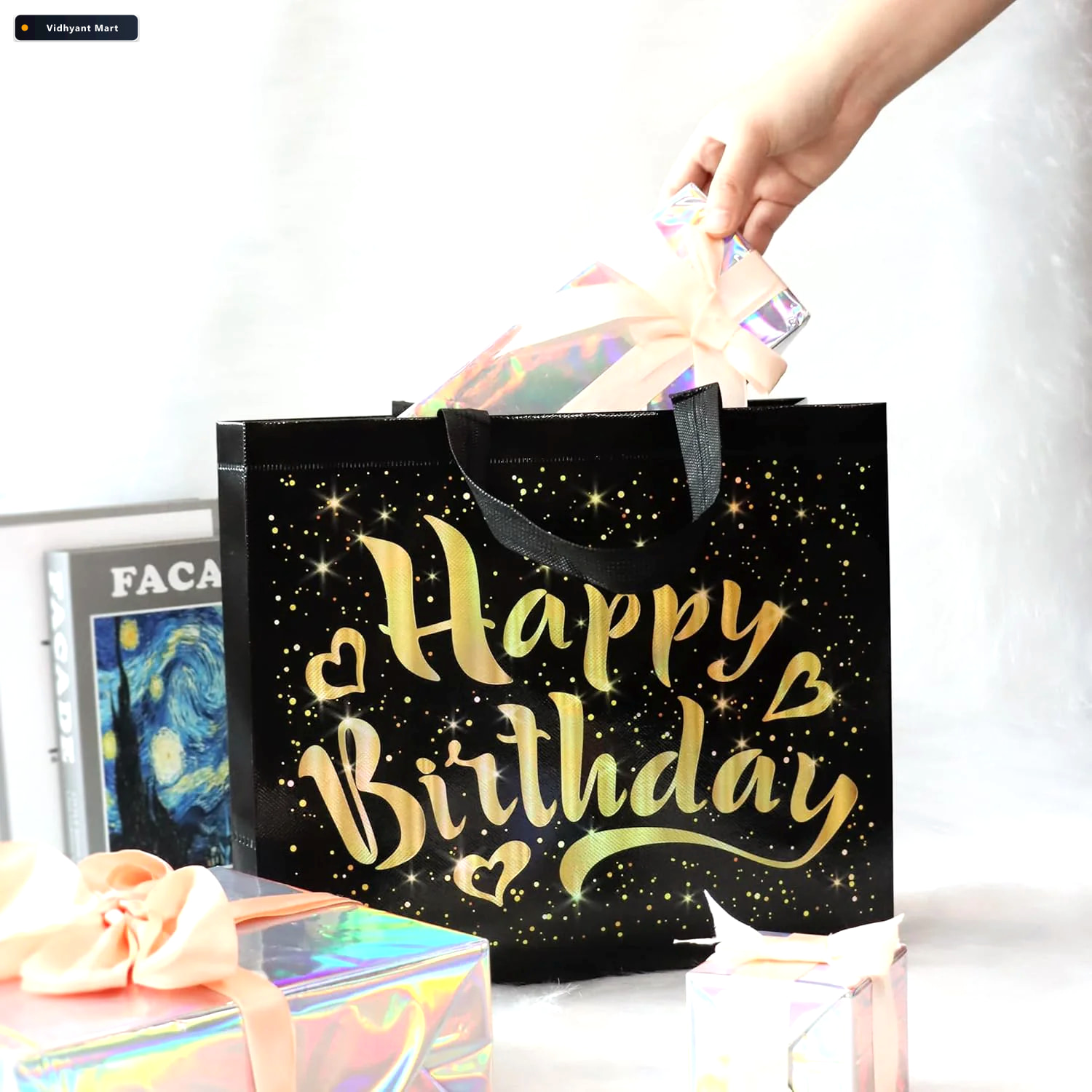 Vidhyant Mart Birthday Gift Bag With Gold Stars Reusable Black T 2