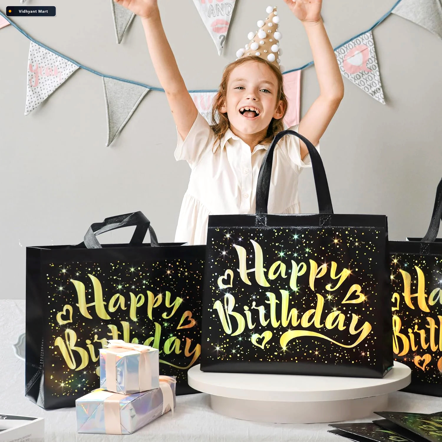 Vidhyant Mart Birthday Gift Bag With Gold Stars Reusable Black T 3