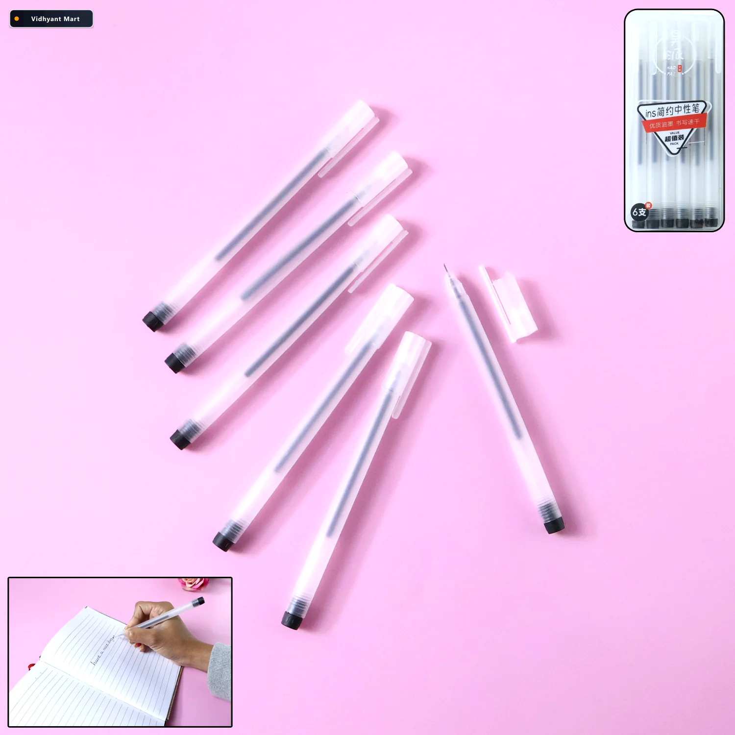 Vidhyant Mart Black Gel Pens Set Of 6 Transparent Smooth Writing 2