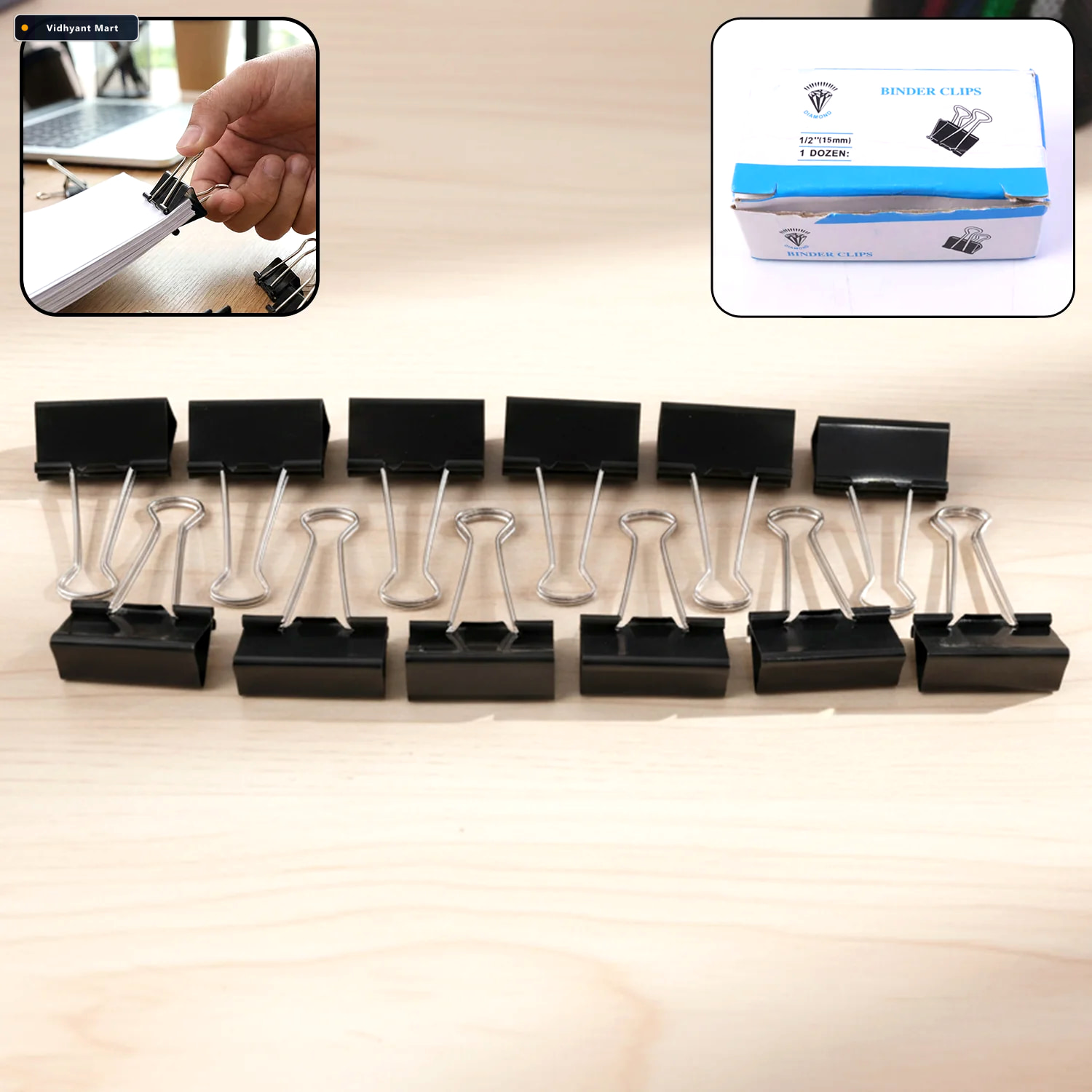 Vidhyant Mart Black Metal Binder Clips Strong 15mm Paper Holders 1