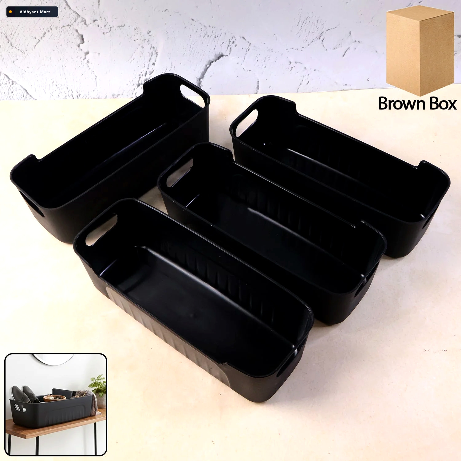 Vidhyant Mart Black Plastic Storage Basket Tray 4 Piece Stackabl 1