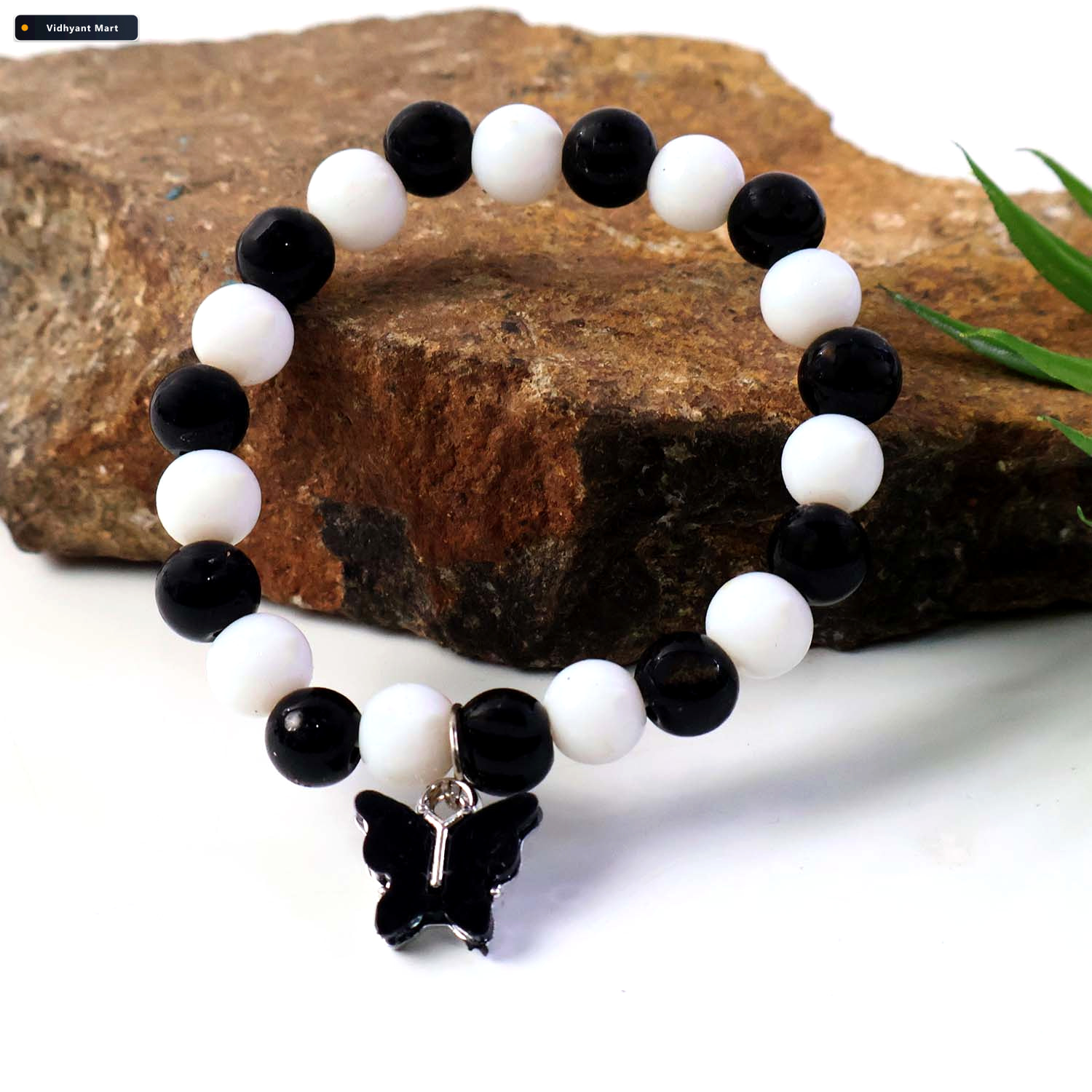 Vidhyant Mart Black White Beaded Bracelet With Cross Pendant Ele 3