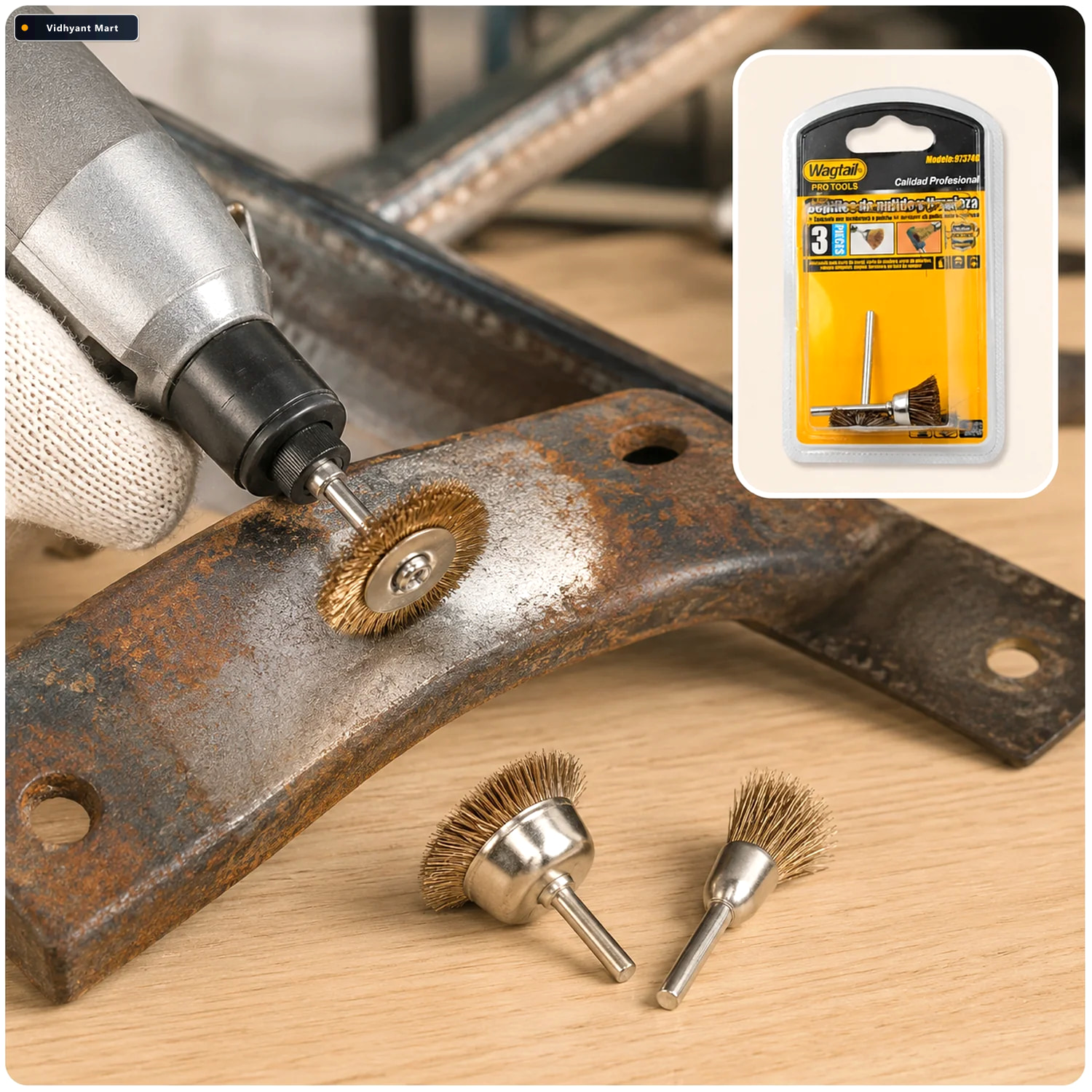 Vidhyant Mart Brass Wire Wheels 3 Pc Rust Metal Cleaning Set Too 1