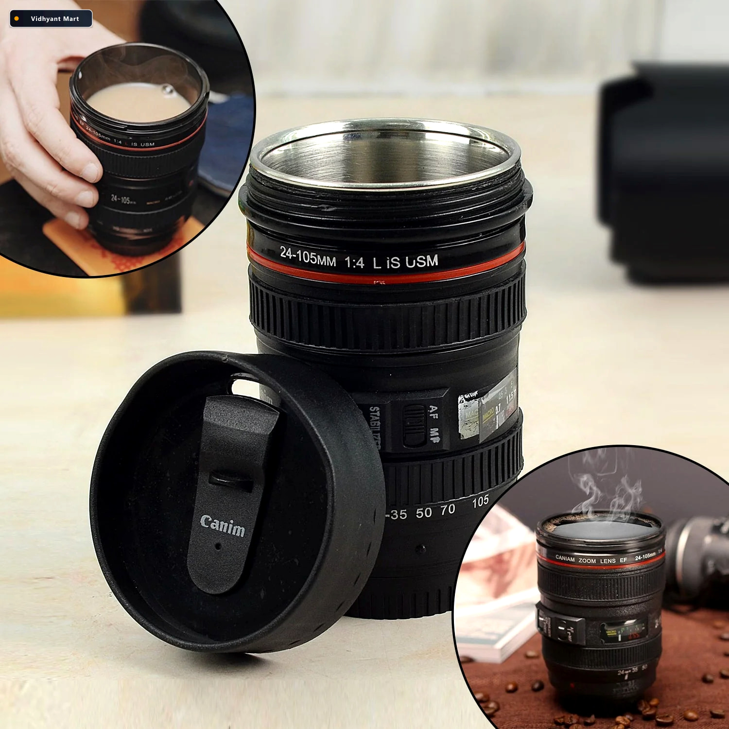 Vidhyant Mart Camera Lens Coffee Mug Stainless Steel 350ml Konve 1