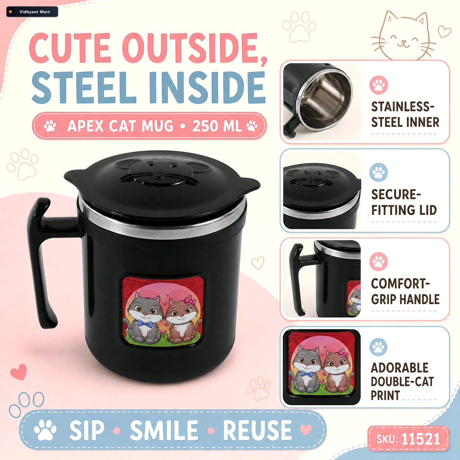 Vidhyant Mart Cat Mug 250 Ml Insulated Stainless Steel For Kids 3