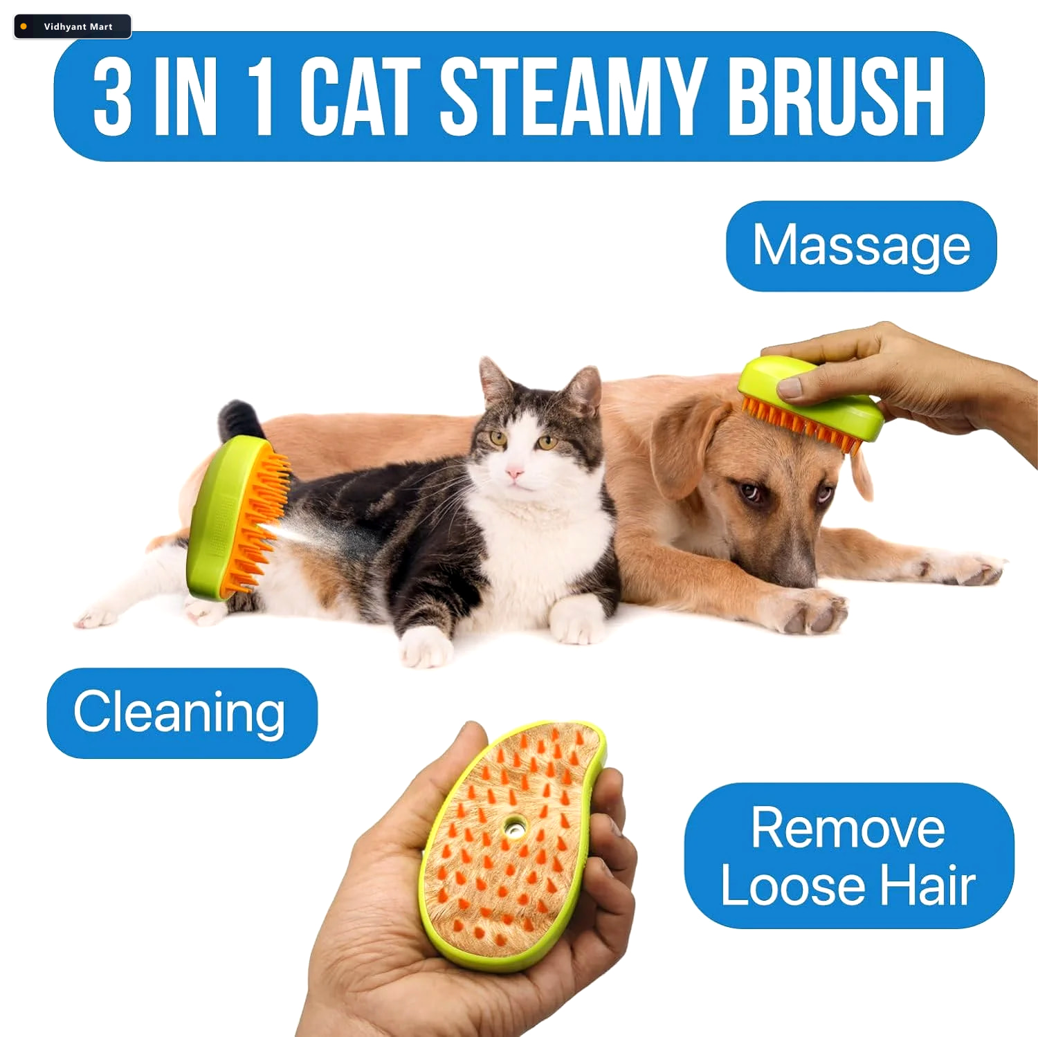 Vidhyant Mart Cat Steamy Brush 3 In 1 Pet Grooming Hair Removal 3