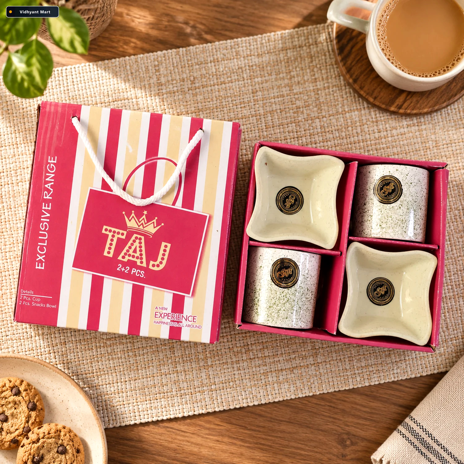 Vidhyant Mart Ceramic Tea Cup Set 4 Pcs With Snack Bowls Ng 1