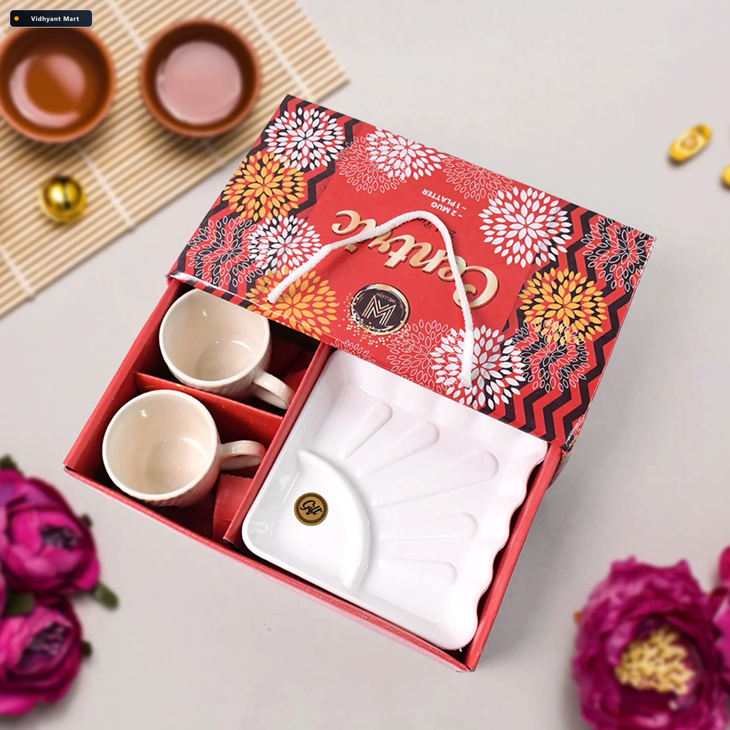 Vidhyant Mart Ceramic Tea Cup Set Includes Plastic Square Servin 2