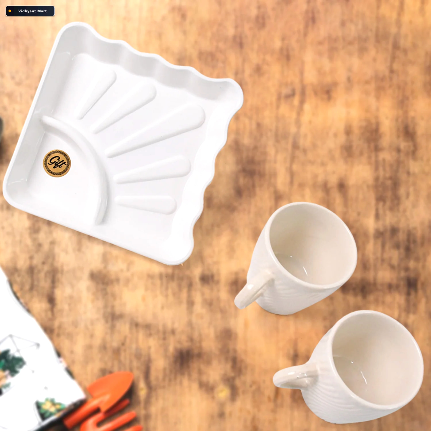Vidhyant Mart Ceramic Tea Cup Set Includes Plastic Square Servin 3