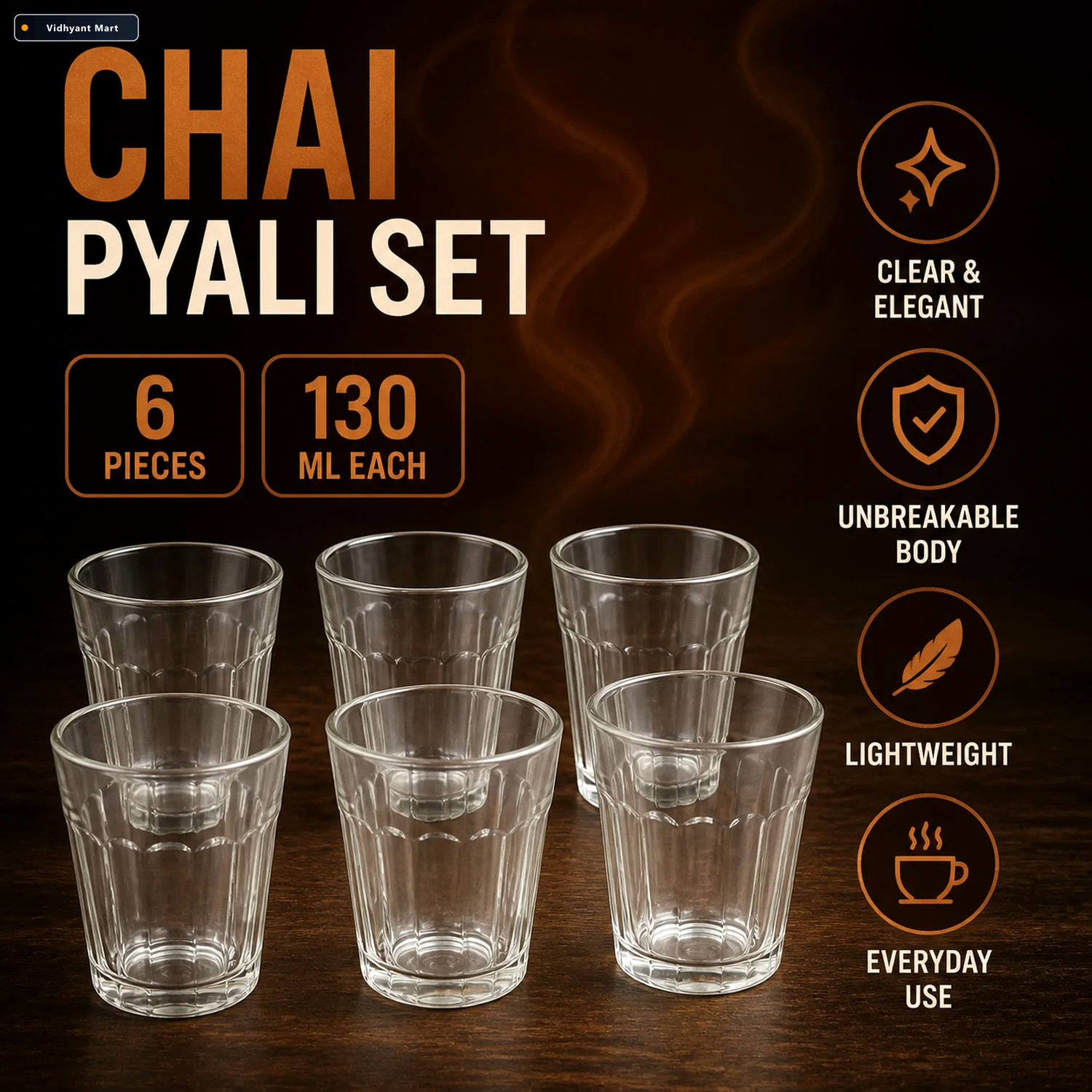 Vidhyant Mart Chai Pyali Glass Set 6 Pcs Transparent Unbreakable 2