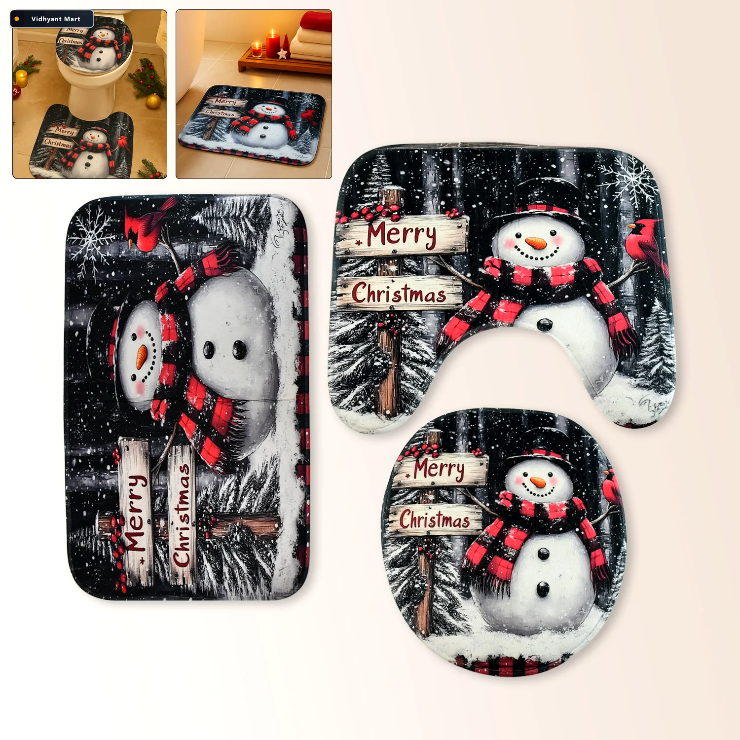 Vidhyant Mart Christmas Bathroom Mat Set Soft Snowman 3 Piece Dc 1