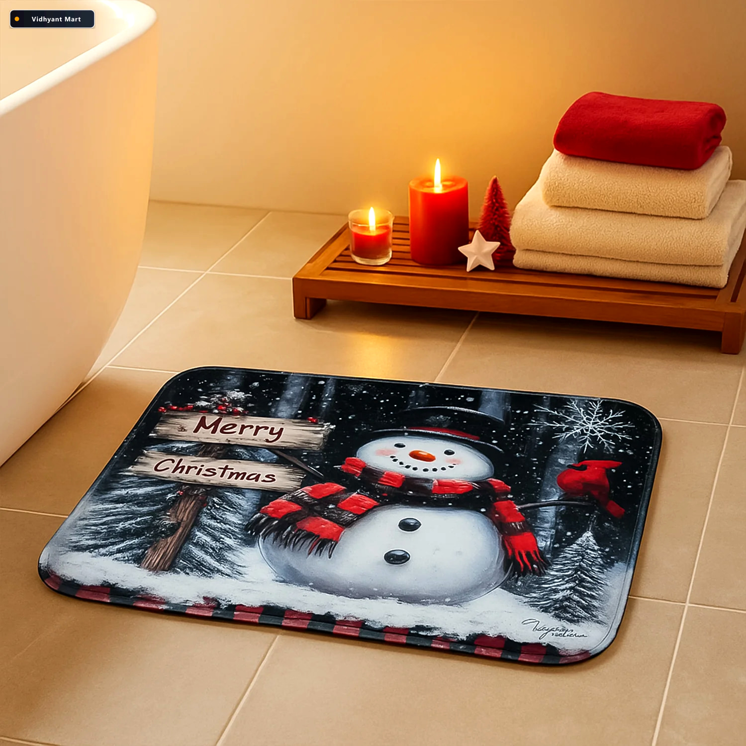 Vidhyant Mart Christmas Bathroom Mat Set Soft Snowman 3 Piece Dc 2