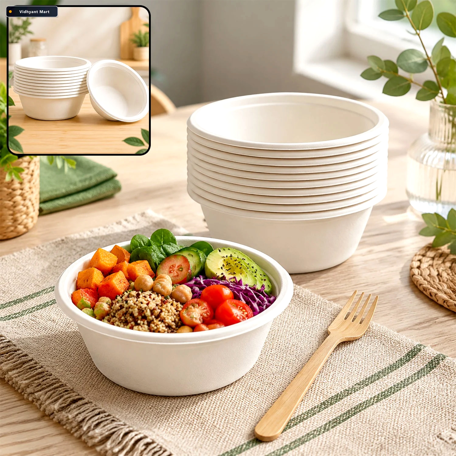 Vidhyant Mart Compostable Bagasse Bowl 240ml Eco Friendly 10 Pc 1