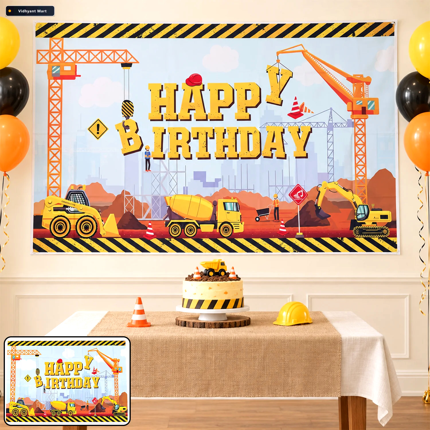 Vidhyant Mart Construction Theme Happy Birthday Backdrop Curtain 1