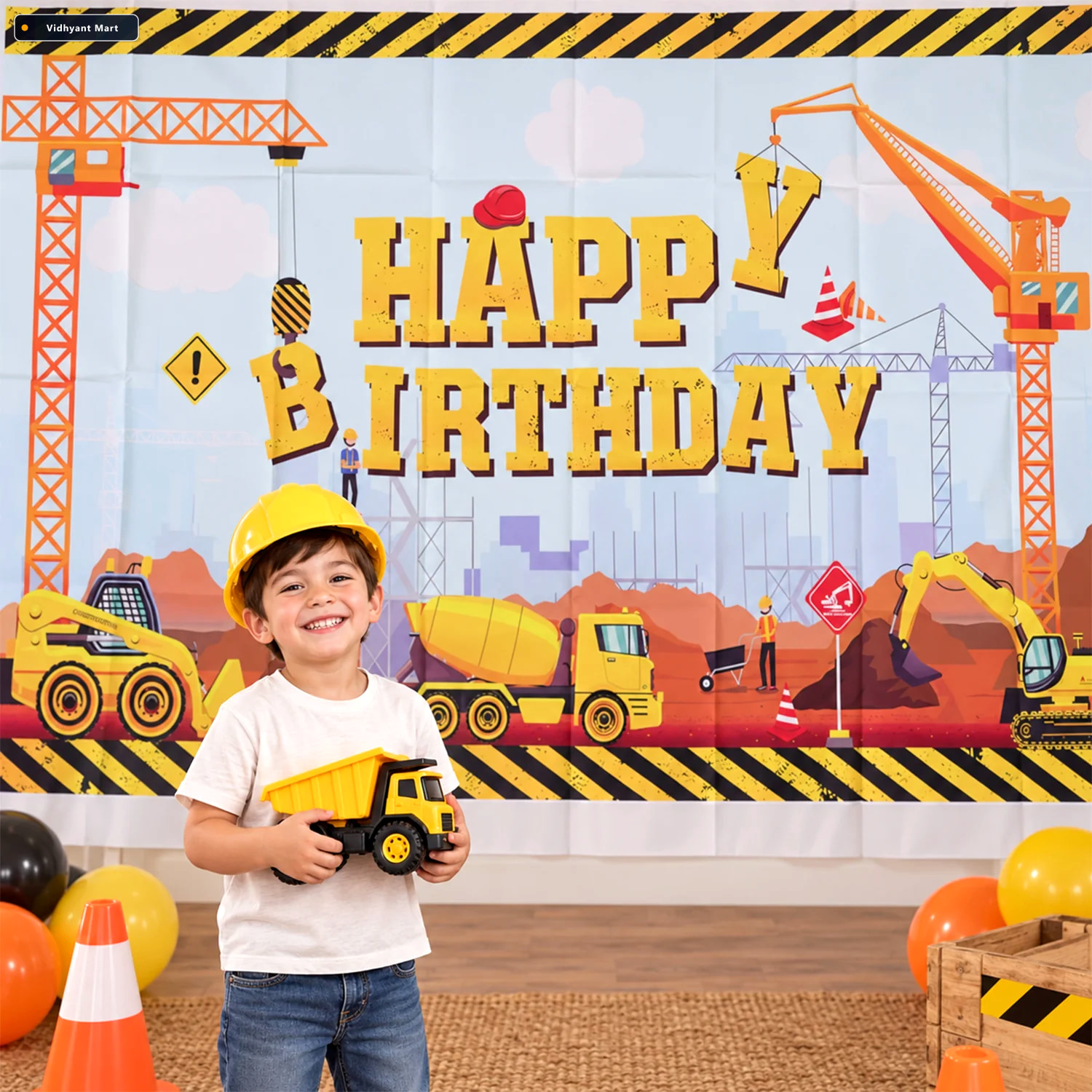 Vidhyant Mart Construction Theme Happy Birthday Backdrop Curtain 2