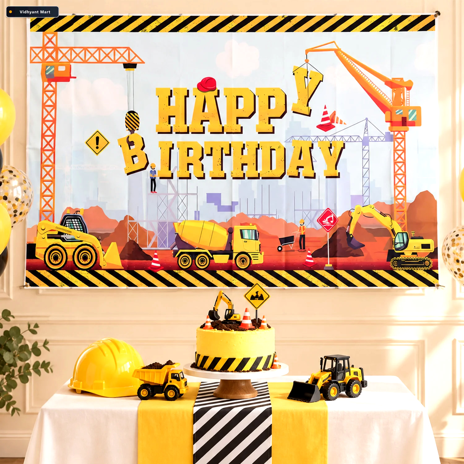 Vidhyant Mart Construction Theme Happy Birthday Backdrop Curtain 3