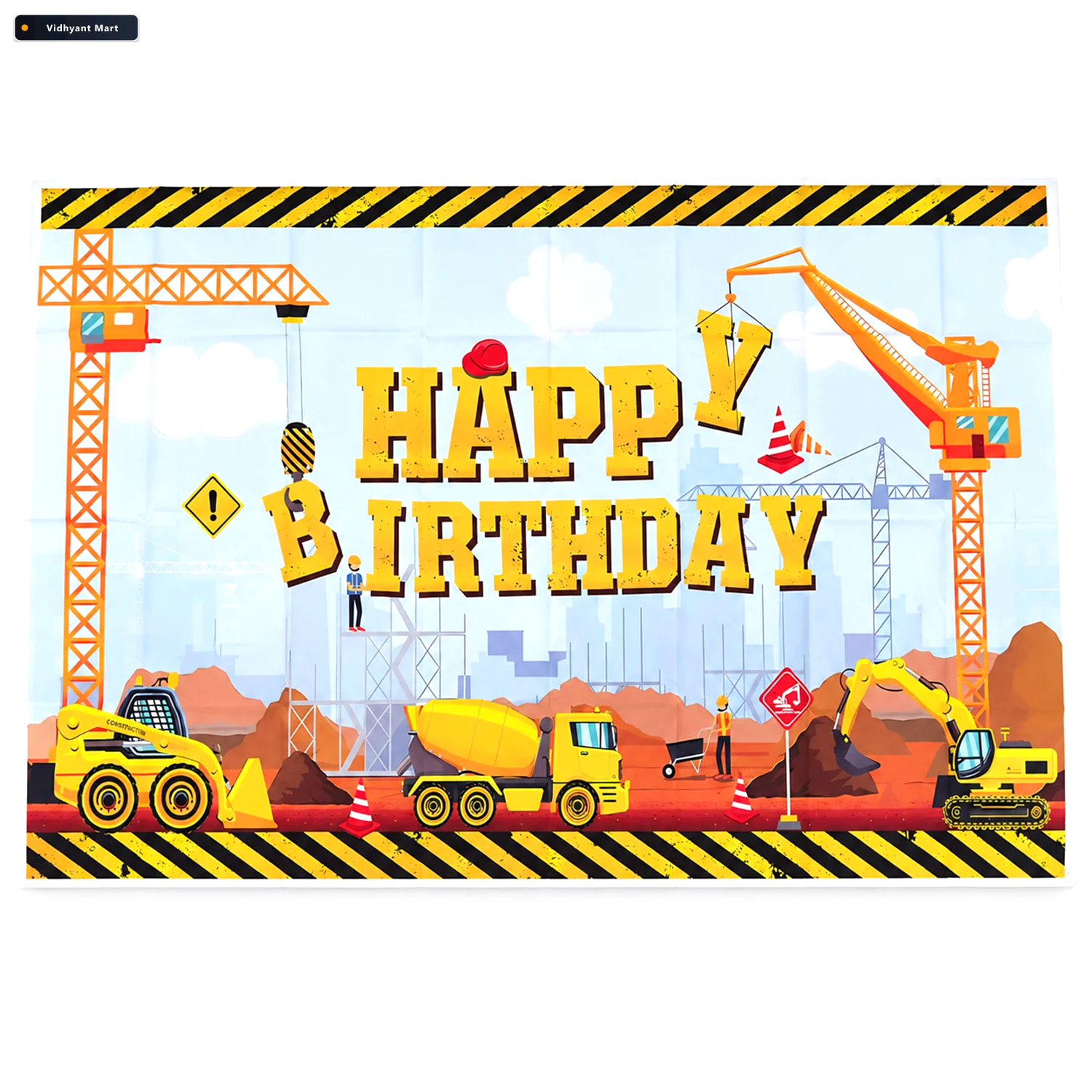 Vidhyant Mart Construction Theme Happy Birthday Backdrop Curtain 4