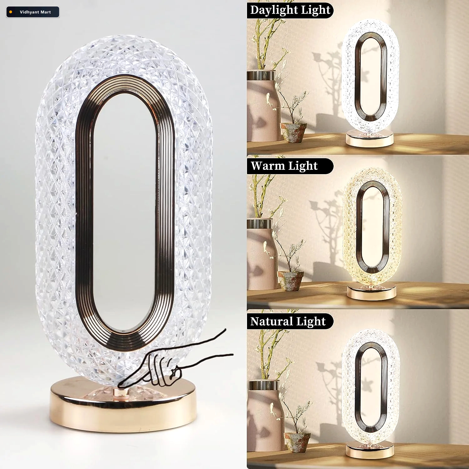 Vidhyant Mart Crystal Table Lamp 3 Way Dimmable Touch Control St 2
