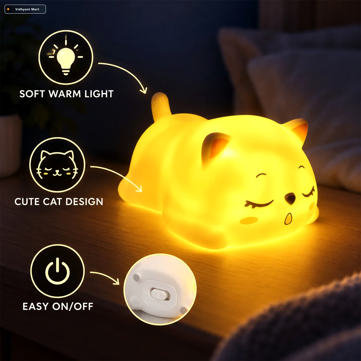 Vidhyant Mart Cute Sleeping Cat Night Light With Warm Glow For B 3