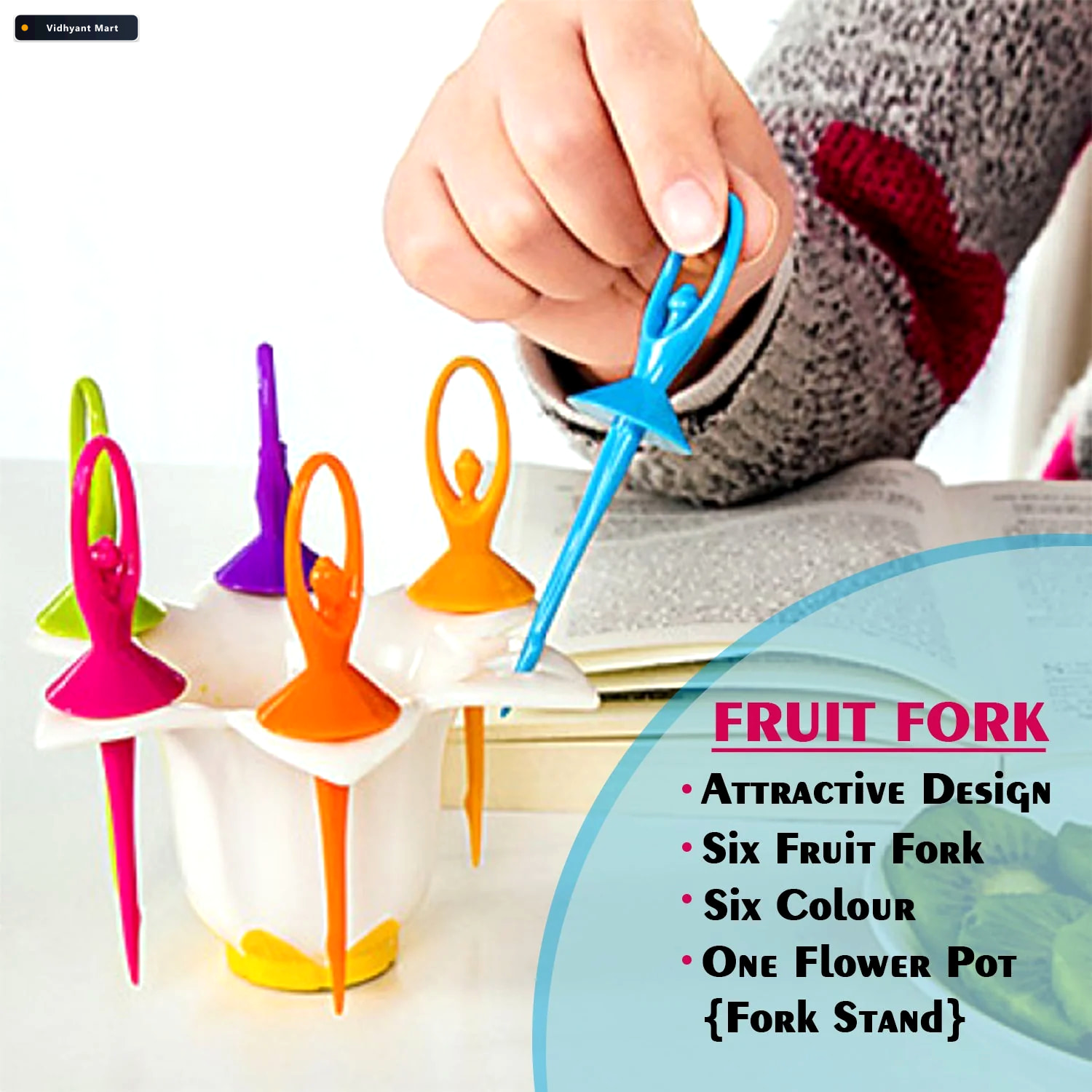 Vidhyant Mart Dancing Doll Fruit Fork Set With Stand 6 Reusable 2