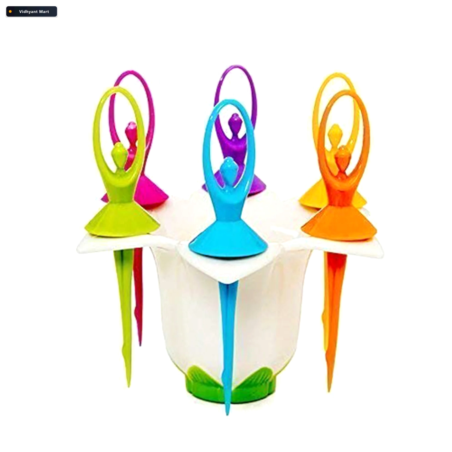 Vidhyant Mart Dancing Doll Fruit Fork Set With Stand 6 Reusable 3
