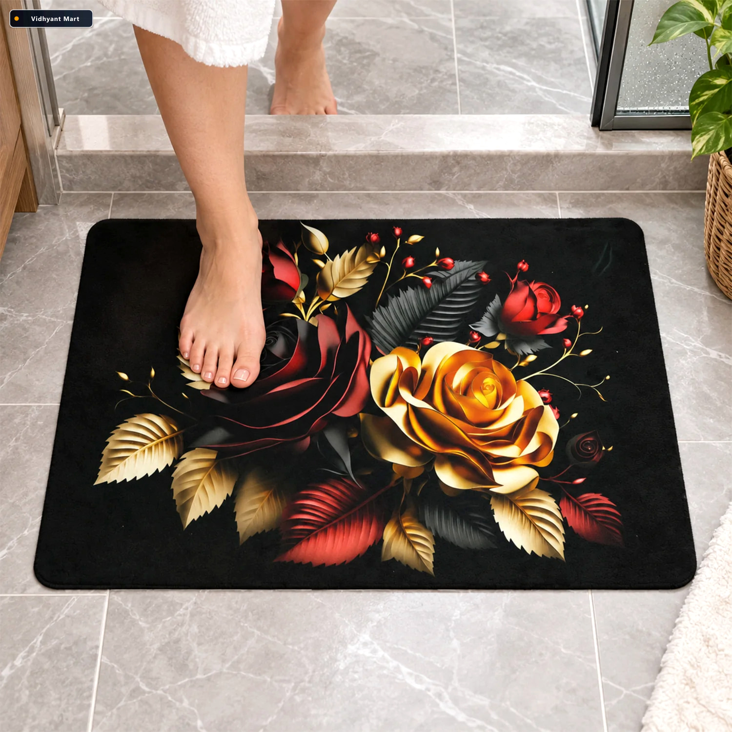 Vidhyant Mart Decorative Floral Rose Print Bathroom Floor Mat Mi 1
