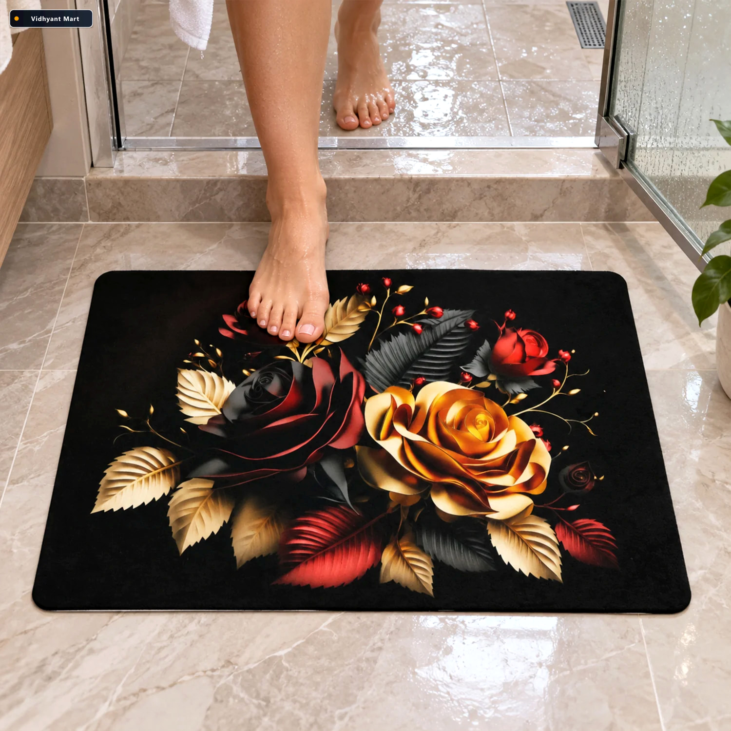 Vidhyant Mart Decorative Floral Rose Print Bathroom Floor Mat Mi 3