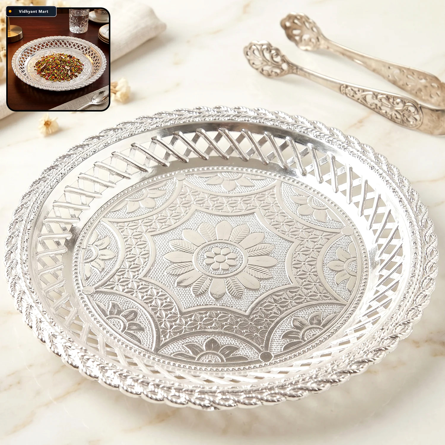 Vidhyant Mart Decorative Silver Serving Tray Elegant Round Flora 1