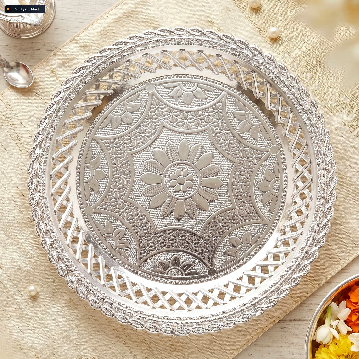 Vidhyant Mart Decorative Silver Serving Tray Elegant Round Flora 2