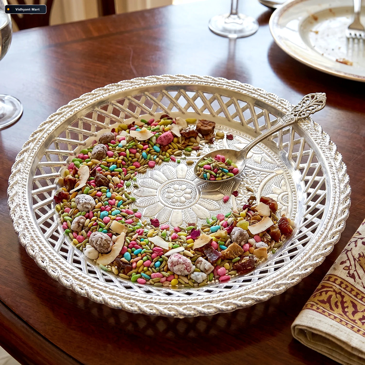 Vidhyant Mart Decorative Silver Serving Tray Elegant Round Flora 3
