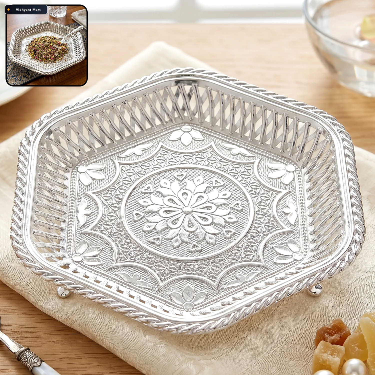 Vidhyant Mart Decorative Silver Serving Tray Traditional Embosse 1
