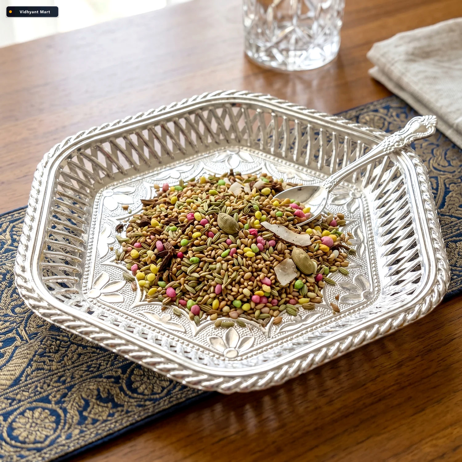 Vidhyant Mart Decorative Silver Serving Tray Traditional Embosse 2