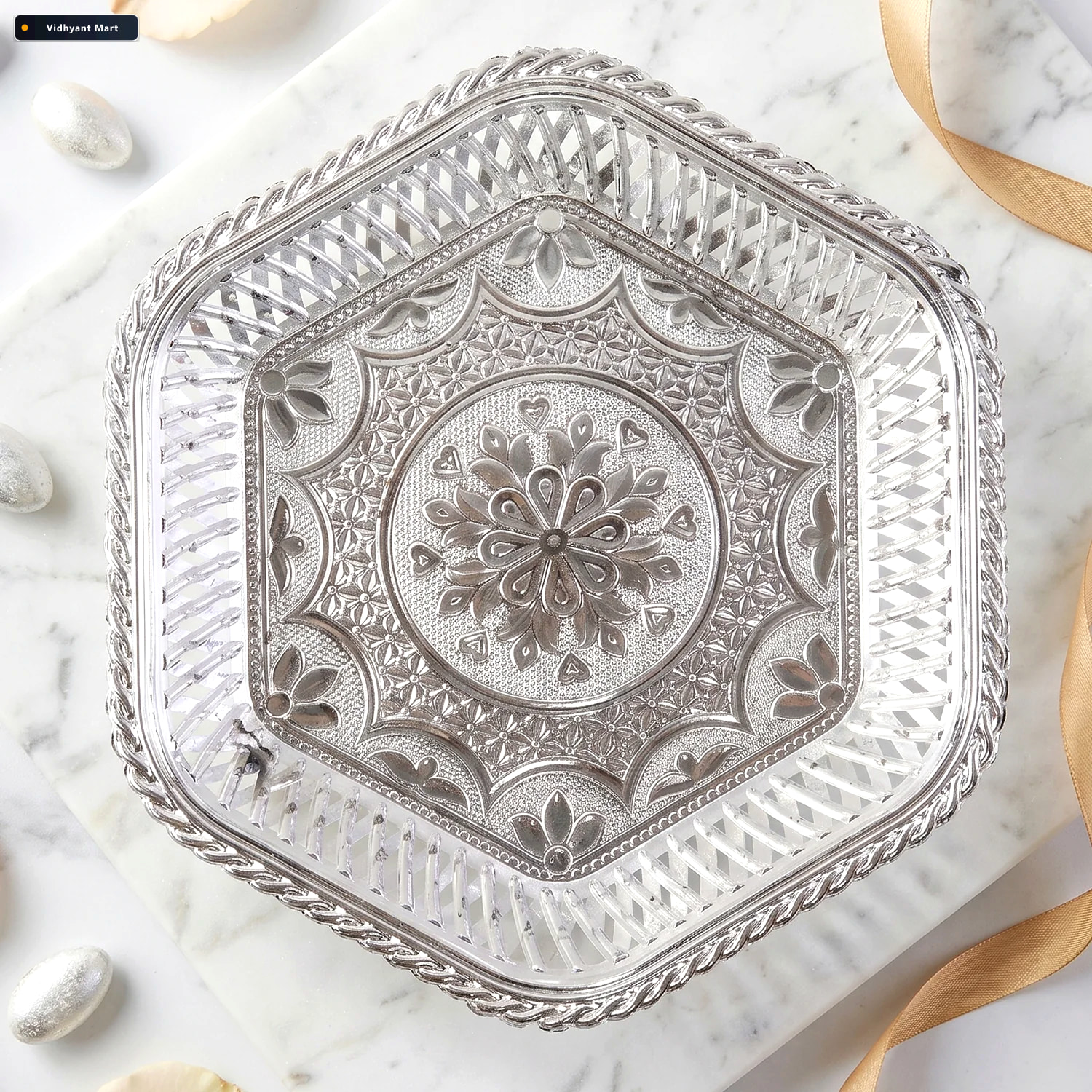 Vidhyant Mart Decorative Silver Serving Tray Traditional Embosse 3