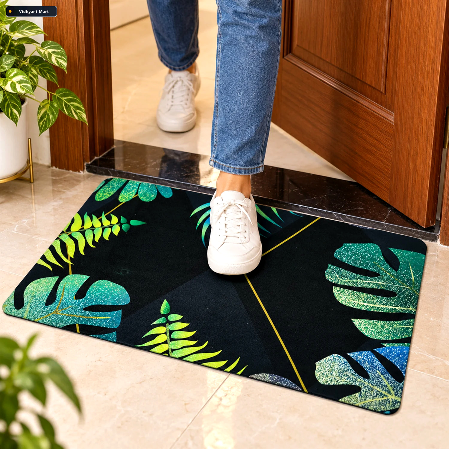 Vidhyant Mart Decorative Tropical Leaf Print Floor Mat For Indoo 1
