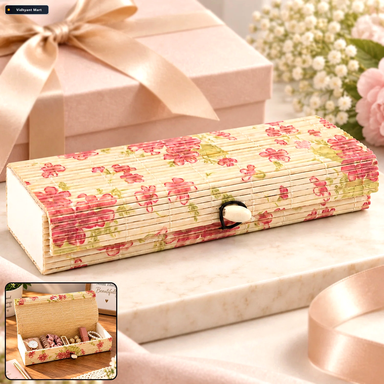 Vidhyant Mart Decorative Wooden Gift Box With Roll Top Lid Flora 1